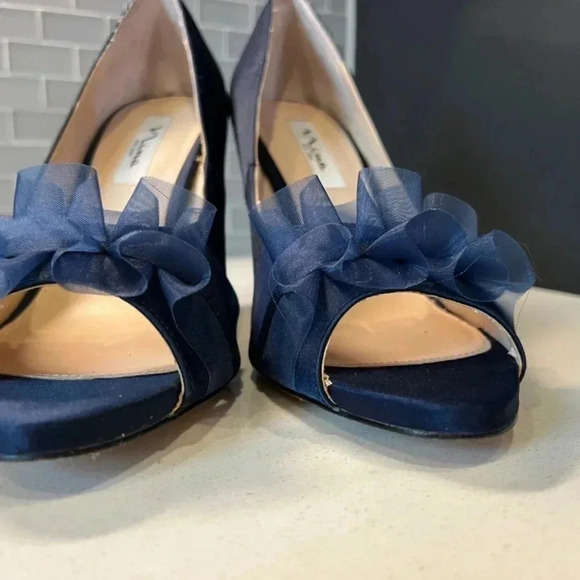 Worn Navy Satin Open Toe Heels Size 10 - Picture 15 of 16